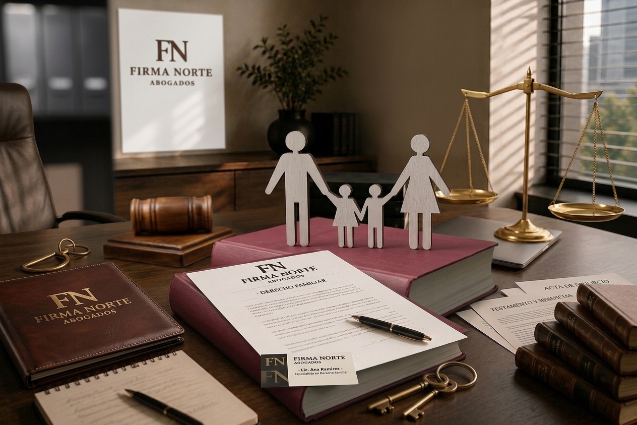 Figuras de familia en madera sobre un libro jurídico junto a una balanza